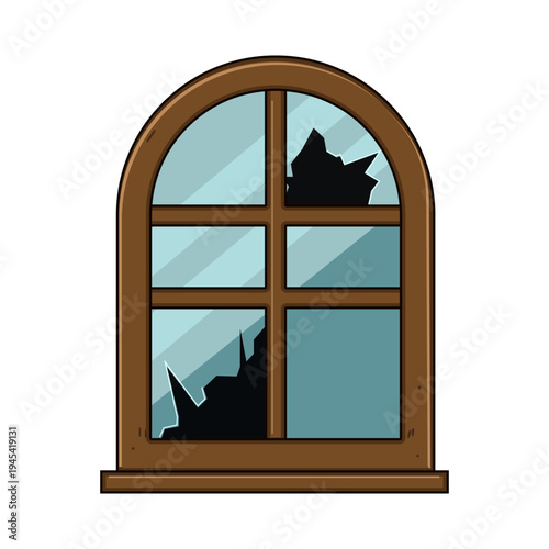 Old wooden arched window frame with smashed and cracked glass panes, showing neglect, vandalism and decay exposed, damaged entry point needing urgent repair or renovation