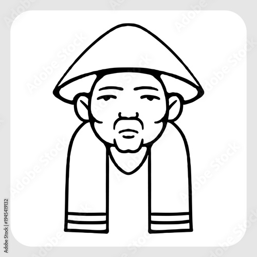 Asian Person Wearing Traditional Farmer Hat Illustration in Hand Drawn Black Line Art for Culture and Agriculture Themes.