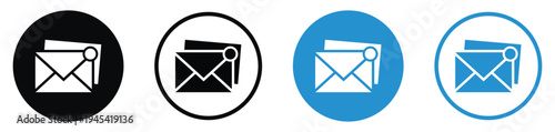 Set of email notification icons featuring stacked envelopes with a message alert badge. Available in black and blue, solid and outlined circular versions. Perfect for UI/UX and web design.