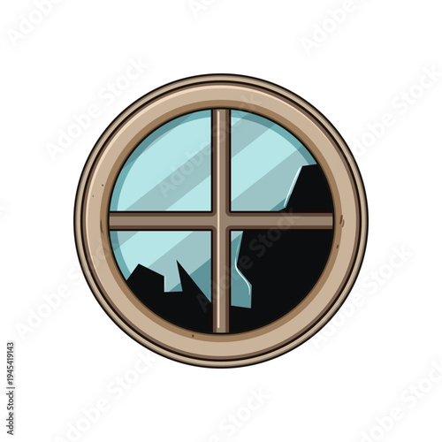 Circular wooden frame encasing a window with shattered glass panes, symbolizing damage, neglect, or the need for repair, featuring visible sharp shards and dark voids where glass is missing