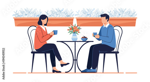 Young man and woman sitting at a terrace cafe table drinking coffee and talking in a peaceful outdoor dining setting.
