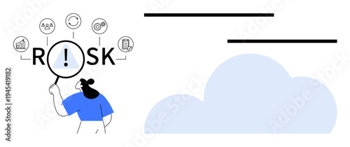 Risk analysis, business solutions, data security, decision-making, strategy development, resource planning. A person examining Risk text with a magnifying glass, surrounded by icons. Risk analysis