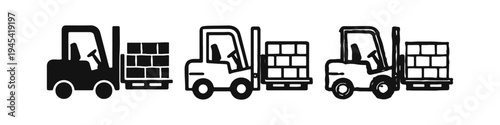 Forklift vehicle icons set, representing warehouse logistics, lifting, and industrial work in various styles.