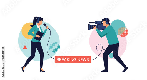 Professional female news reporter holding a microphone while a cameraman films her during a live broadcast event.