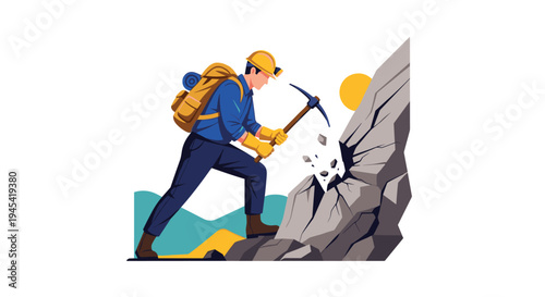 Strong miner or mountain climber using a heavy pickaxe to break rocks on a steep cliffside during a sunny day.