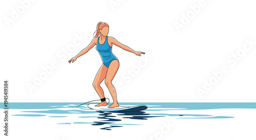 Athletic young woman in a blue swimsuit surfing on a wave while balancing on a white surfboard in the bright ocean.