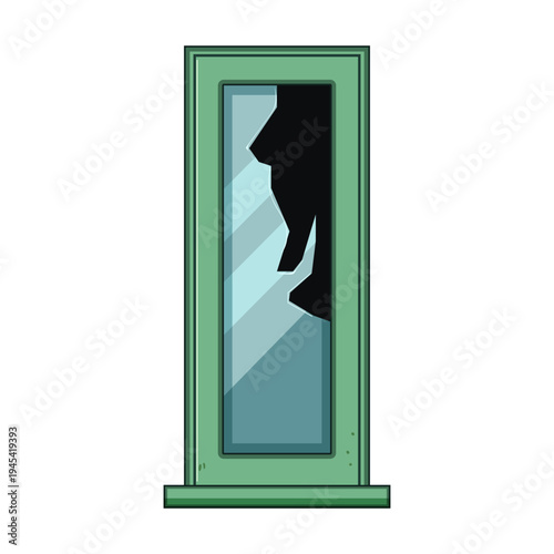 Green window frame with a shattered pane of glass creating a dark, jagged opening, conveying concepts of destruction, vulnerability, and the need for repair