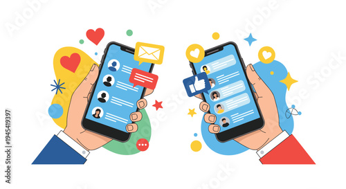 Two hands holding smartphones with social media chat screens, featuring profile icons, likes, and message bubbles.