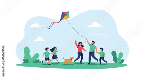 Happy family with children and their dog flying a colorful kite in a green park under a bright blue sky with clouds.