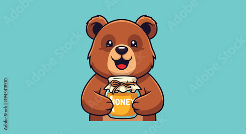 A cartoon bear holding a honey jar.