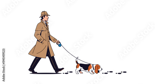 Detective man dressed as Sherlock Holmes walking a beagle dog on a leash while following footprints on the ground.