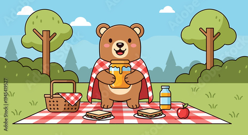 A cartoon bear having a picnic outdoors.