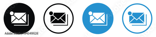 Set of email notification icons featuring stacked envelopes with a message alert badge. Available in black and blue, solid and outlined circular versions. Perfect for UI/UX and web design.