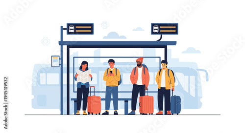 Group of travelers with suitcases waiting at a modern bus stop shelter while looking at maps and mobile phones for info.