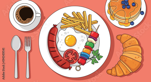 Delicious Breakfast Composition Illustration with Fried Eggs, Sausage, Pancakes, and Coffee