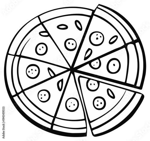Black and white pizza illustration. Circular food with multiple slices. Italian cuisine.