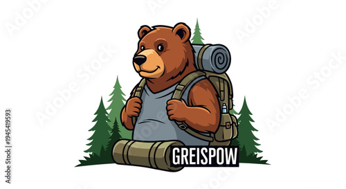 Cartoon bear with backpack and sleeping bag.