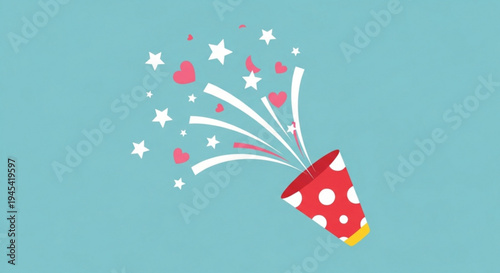 Colorful polka dot party popper exploding with stars and hearts on blue background for celebrations