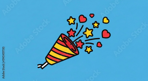 Colorful party popper exploding with stars and hearts on blue background festive celebration symbol