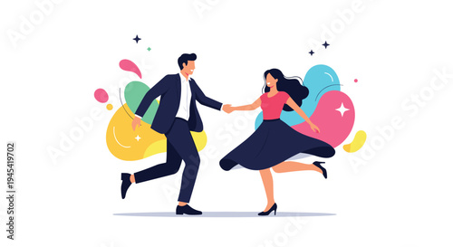 Elegant man and woman dancing joyfully together surrounded by colorful abstract shapes, stars, and magical sparkles.