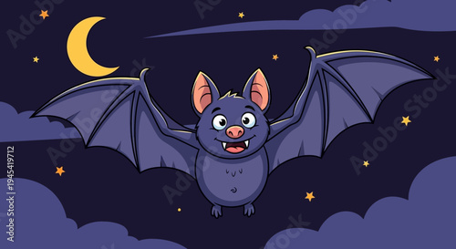 A cartoon bat flying under a starry night sky with a crescent moon.