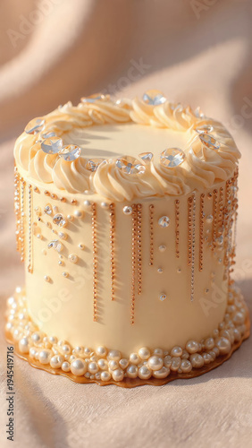 Ornate ivory cake decorated with pearls gems and frosting swirls