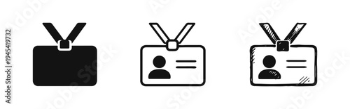 ID Badge and Identification Card Icon Set in Solid, Outline, and Hand-Drawn Sketch Style for Profile and Access