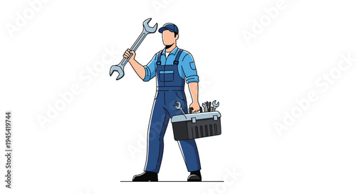 Strong male mechanic in blue overalls holding a large wrench and carrying a toolbox full of professional repair tools.