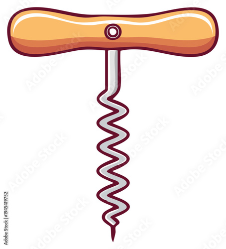 Corkscrew Illustration with Wooden Handle for Opening Wine Bottles and Bar Accessories
