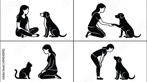 Woman training pets silhouette set, dog training, cat interaction, pet owner relationship, animal obedience, positive reinforcement, domestic pet care