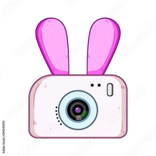 Pink toy camera with bunny ears and a playful lens, evoking childhood imagination, innocent fun and sweet memories, simple pastel vector icon for kids and family themes