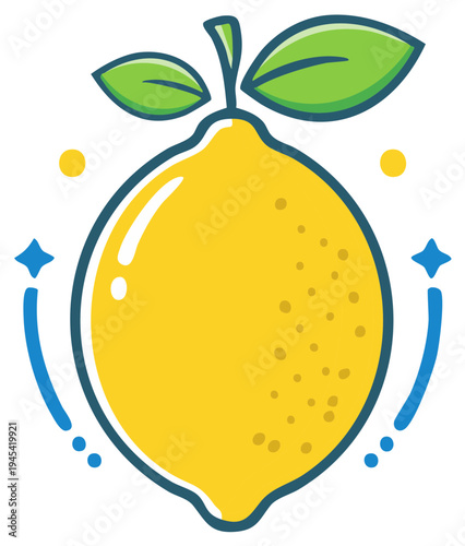 Vibrant Lemon Fruit Icon Design with Green Leaves and Clean Sparkle Accents