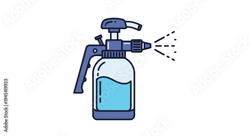 Functional blue handheld pressure sprayer icon discharging a fine mist of liquid, suitable for gardening and household cleaning tasks.