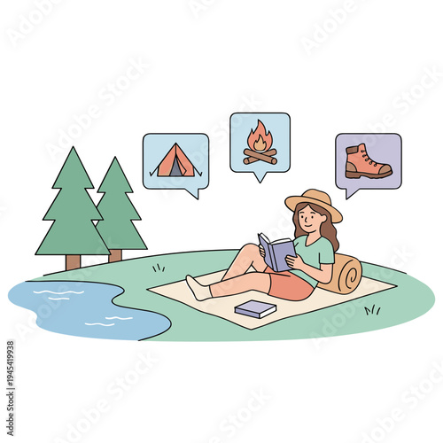 Woman relaxes on a mat by the lake reading a book with thoughts of camping
