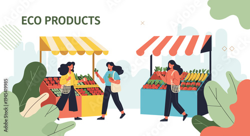 Happy women shopping for fresh organic vegetables and fruits at local outdoor market stalls under a banner for eco products.