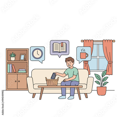 A man sits on a couch in a living room sorting laundry.