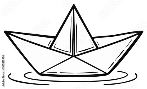 Simple Line Art of a Paper Boat Floating on Water Origami Vessel Hand Drawn Illustration