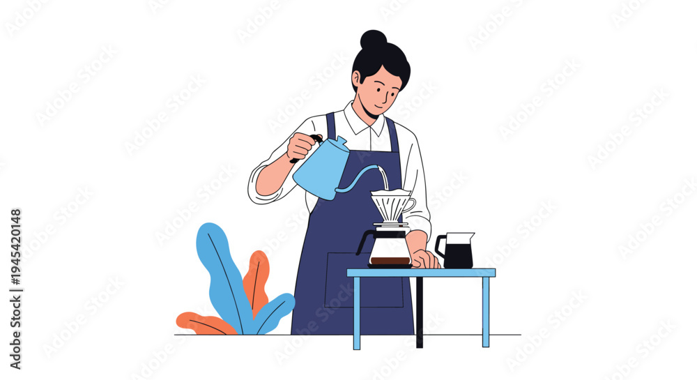 Fototapeta premium Skilled female barista in a dark apron is carefully pouring hot water to prepare a fresh cup of specialty pour-over coffee.