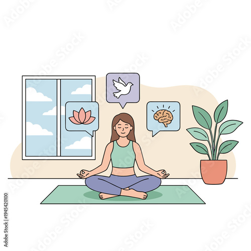 Woman meditates peacefully on a mat by the window with thoughts of emotions and a plant nearby.