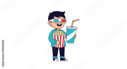 Excited young boy wearing red and blue 3D glasses holds a large bucket of popcorn and a soda cup, ready for a movie.