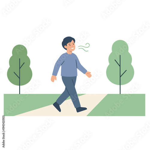 Man walks on pathway surrounded by trees and grass outdoors