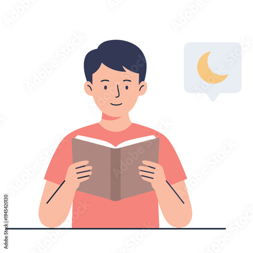 Man sitting indoors reading book at night with moon