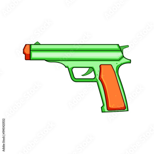 Toy plastic pistol illustration on white background, colorful green and orange cartoon design evoking harmless childhood pretend play, imagination, adventure and fun