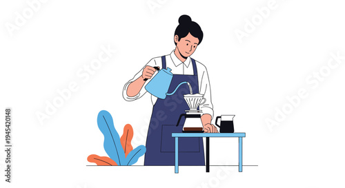 Skilled female barista in a dark apron is carefully pouring hot water to prepare a fresh cup of specialty pour-over coffee.