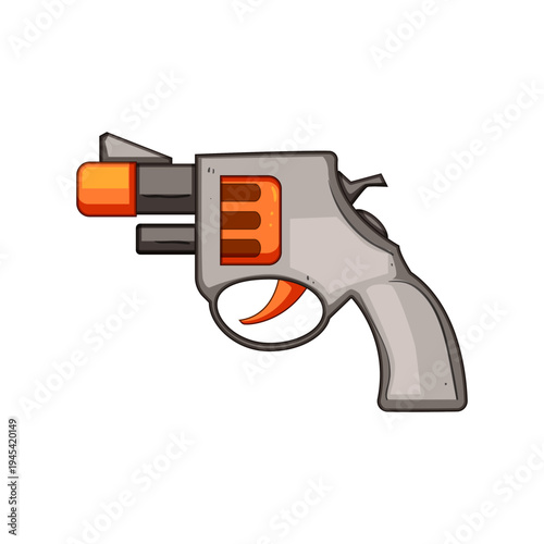 Playful toy cap gun revolver illustration with orange safety tip, classic retro design, vector on white background for children's pretend play, games and vintage themed concepts