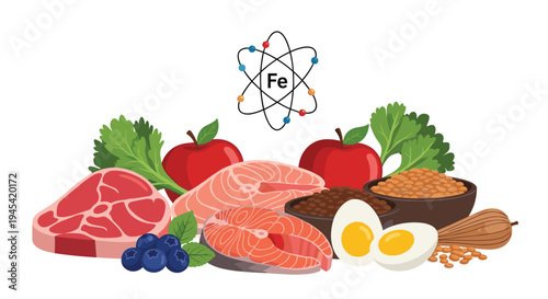 Assortment of healthy foods rich in iron including meat, fish, eggs, and legumes displayed around a chemical iron symbol.