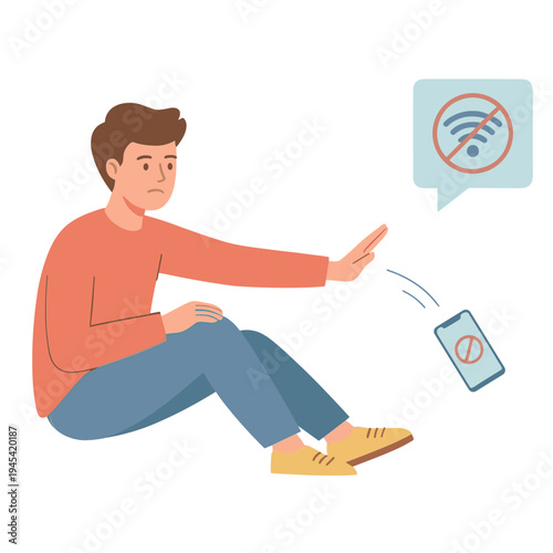 A frustrated man sits alone on the floor with a mobile phone and WiFi signal disrupted