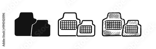 Car Floor Mats Vehicle Accessory Icon Set in Solid, Outline, and Hand-Drawn Styles for Automotive Maintenance