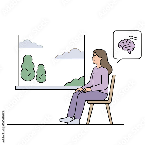 Woman sitting on chair thinking about brain near window with trees outside