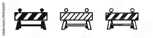 Road Barrier Construction Safety Icon Set in Solid, Outline, and Hand-Drawn Sketch Styles for Work Zones